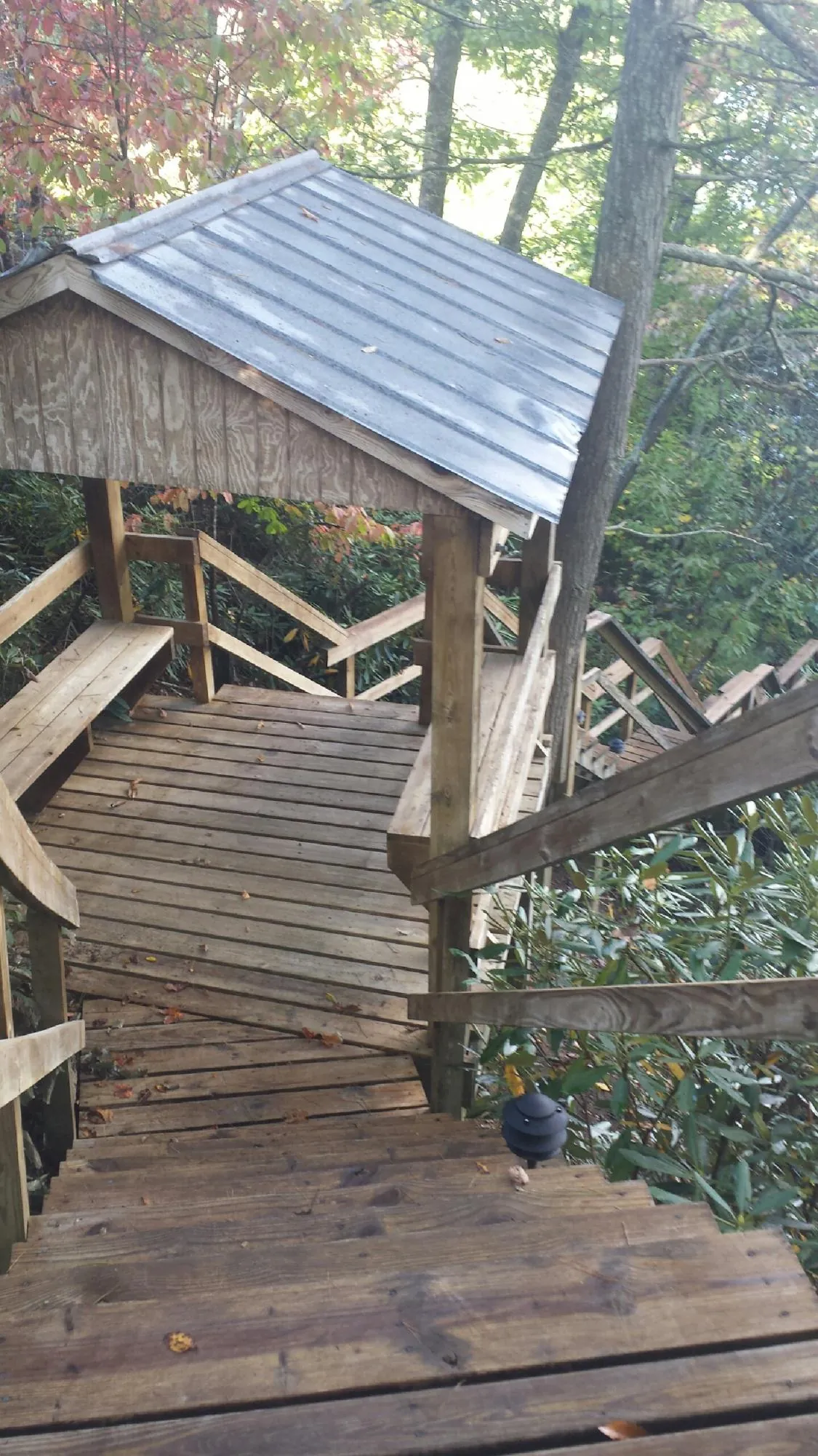 Metal roofed shelter over wooden steps on a wooded walkway — Skylight Repair & Installation work by our crew in Neskowin